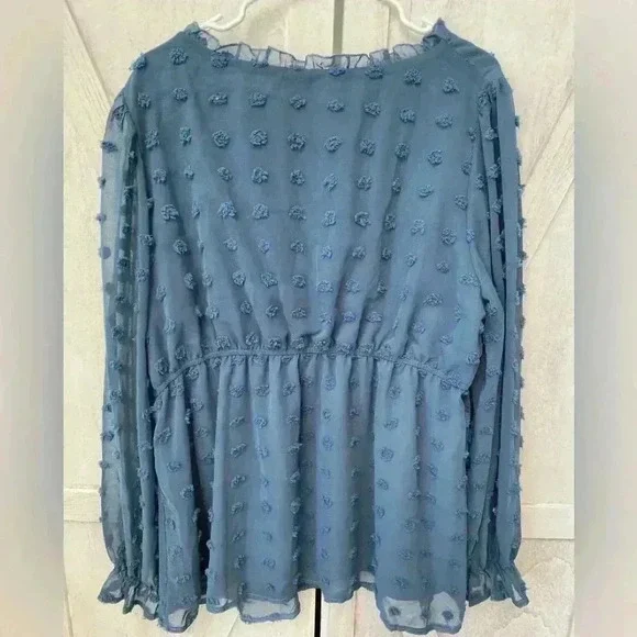 Maacie Babydoll Top Womens 2XL Sheer Long Sleeve Swiss Dots Large Blue Feminine - Picture 2 of 7
